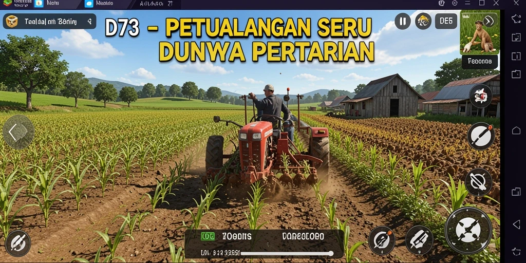 Screenshot gameplay D73 yang menampilkan suasana pertanian yang dinamis dan interaktif.