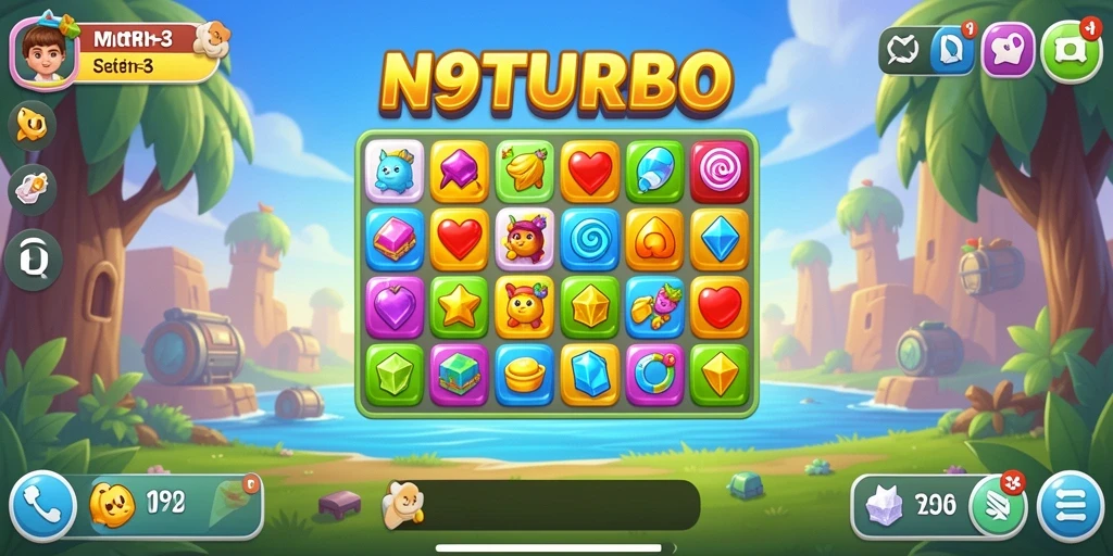 Tampilan gameplay seru N9TURBO dengan level Match-3 yang menantang.
