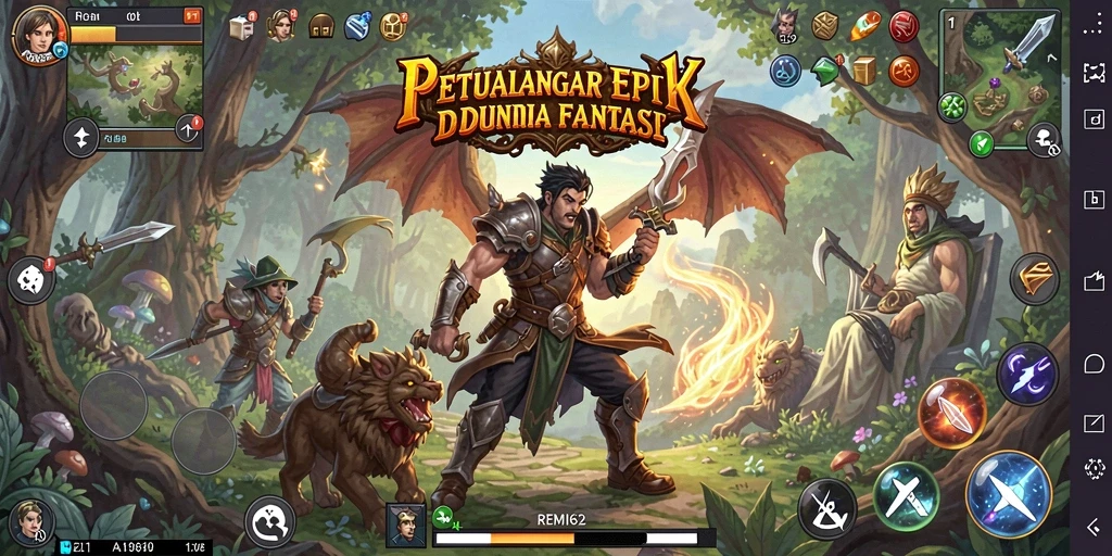 Tampilan gameplay REMI62 yang menampilkan pertarungan seru di dunia fantasi.