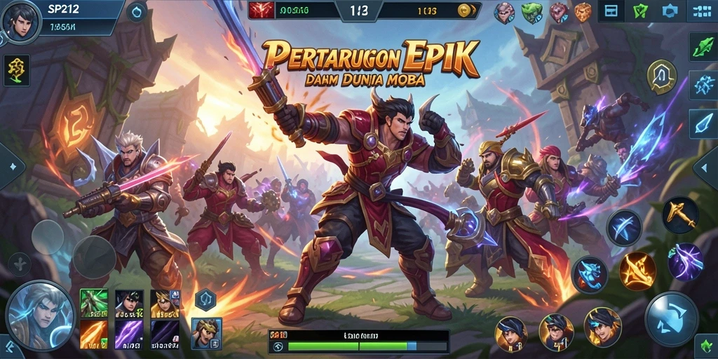 Screenshot permainan <strong>SP212</strong> menampilkan aksi seru dalam pertarungan MOBA.